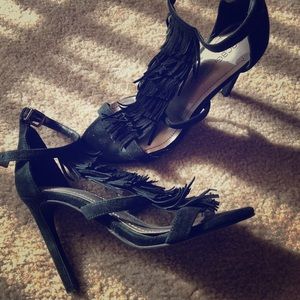 BCBG Black suede fringe sandals 4 inches